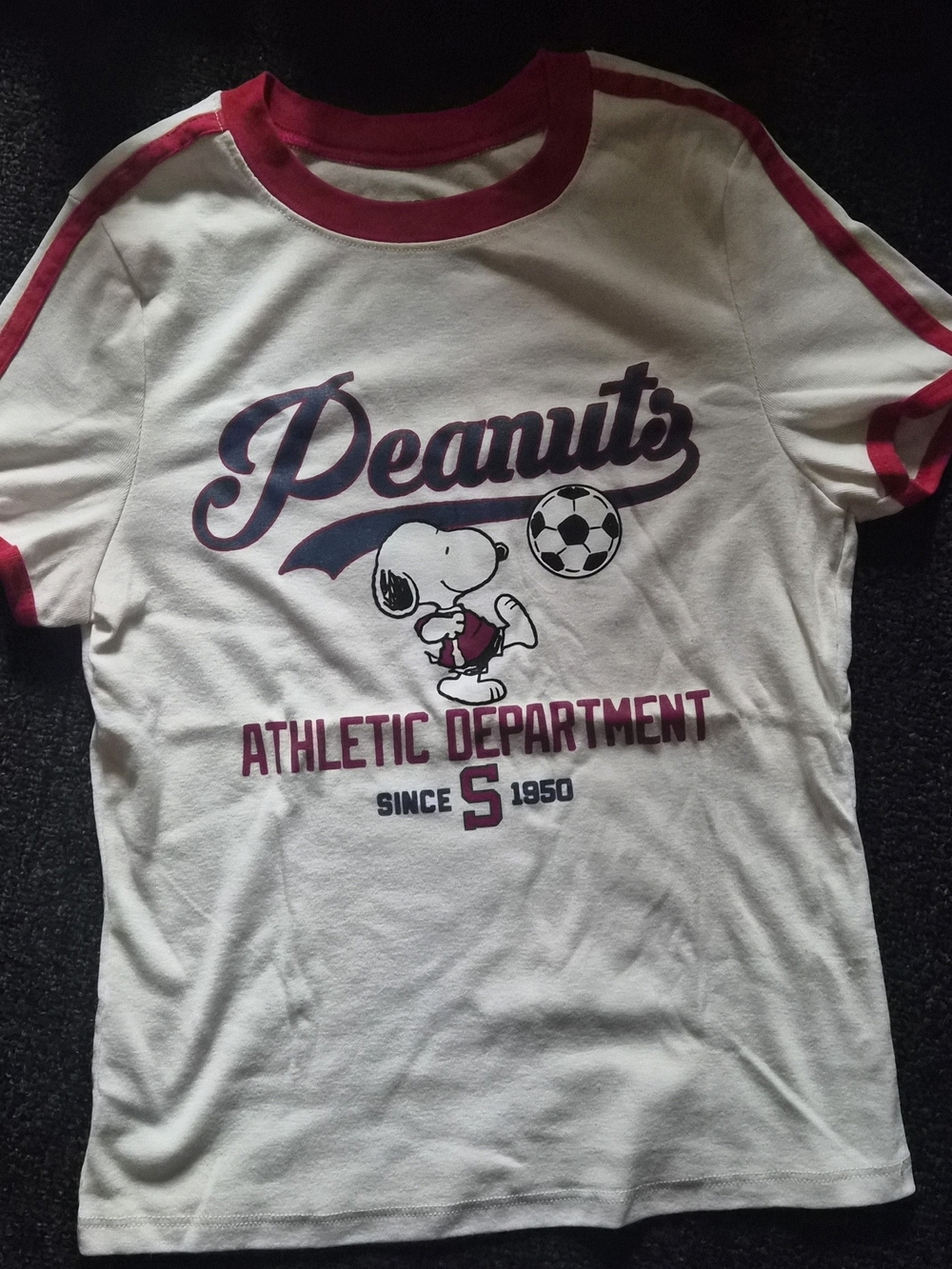 Peanuts White and Burgundy Ringer Tee with Sporting Graphic